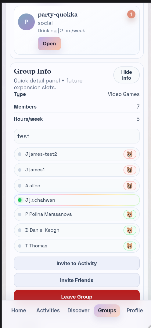 A group detail view showing members and the group's activity